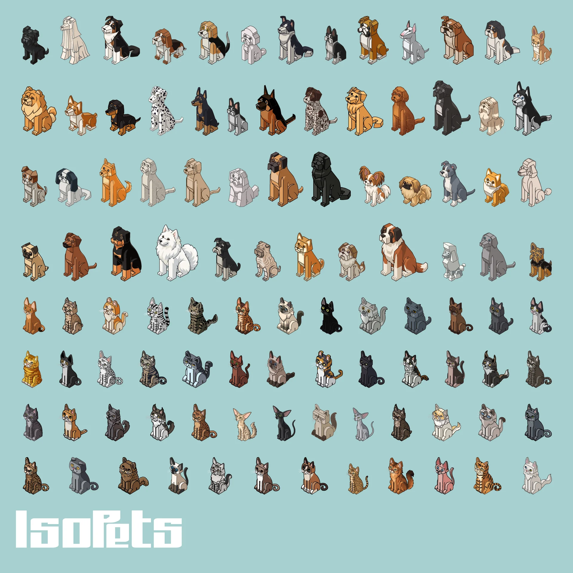 All 101 IsoPets dog and cat breeds arranged in rows on signature teal background