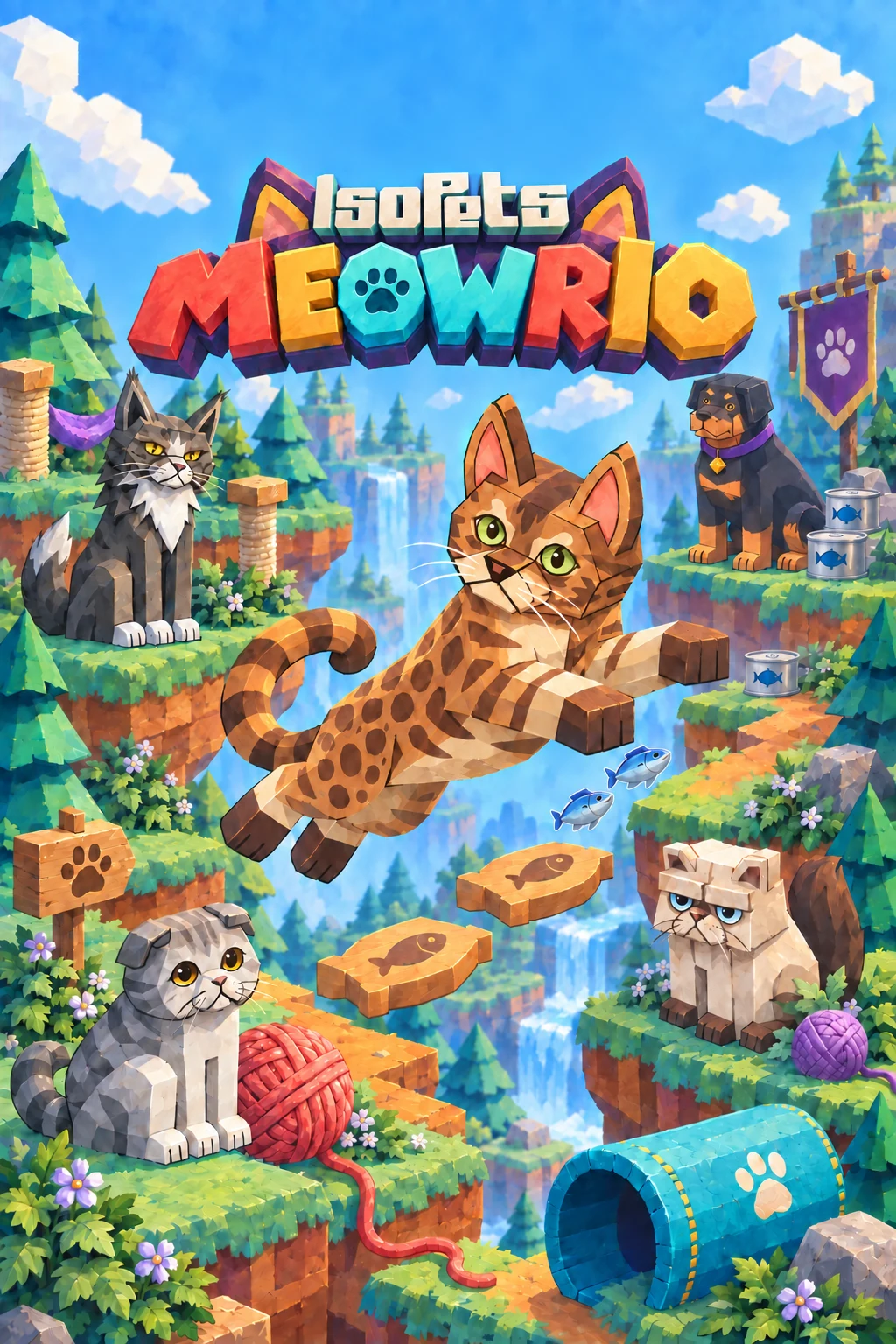IsoPets MEOWRIO cover art featuring Bengal cat jumping to save Maine Coon, Scottish Fold, and Siamese cats